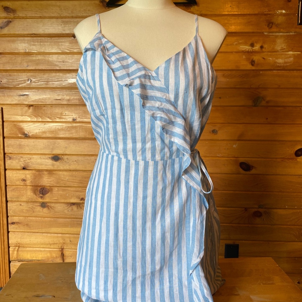 Everly Blue and White Asymmetrical Wrap Sundress